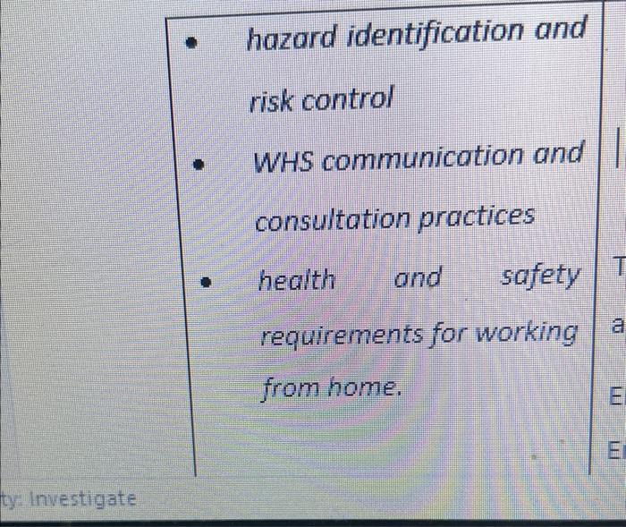 - hazard identification and risk control - WHS