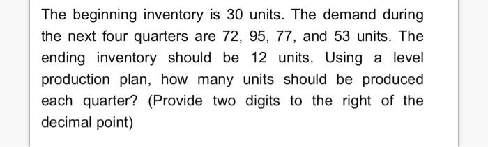 The beginning inventory is 30 units. The demand