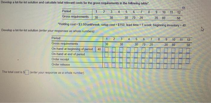 "Holding cost =$3.50 /unitweek, setup cost =$150;