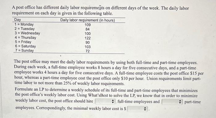 A post office has different daily labor