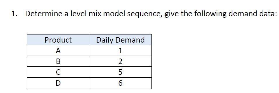 1. Determine a level mix model sequence, give the