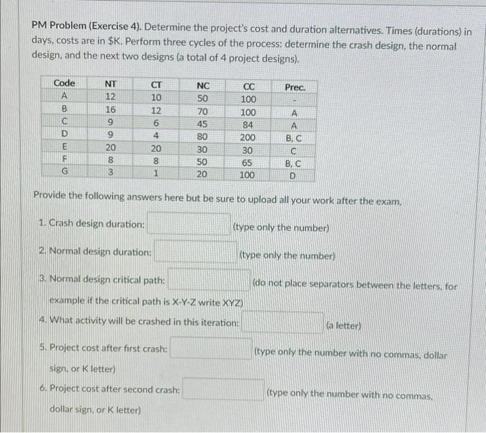 PM Problem (Exercise 4). Determine the project's