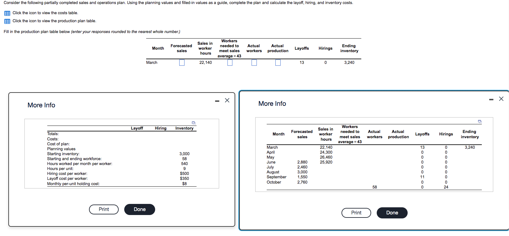 Click the icon to view the costs table. Click the