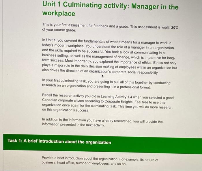 Unit 1 Culminating activity: Manager in the