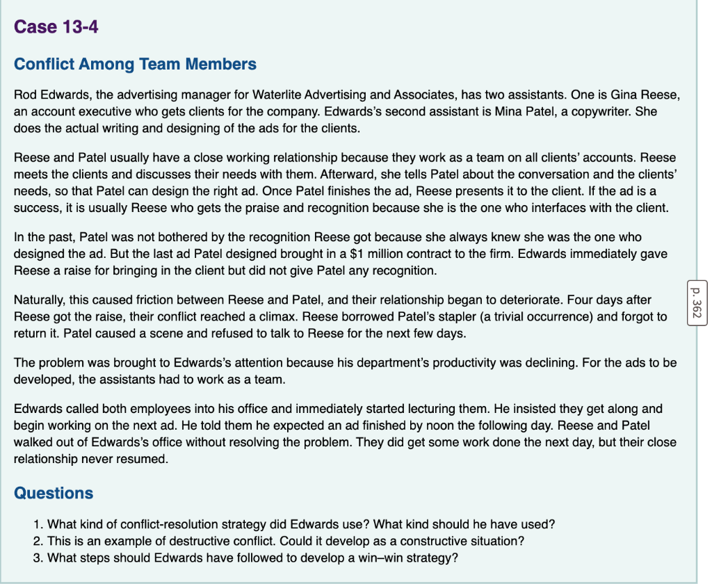 CASE 13-4: needing help with ideas for this