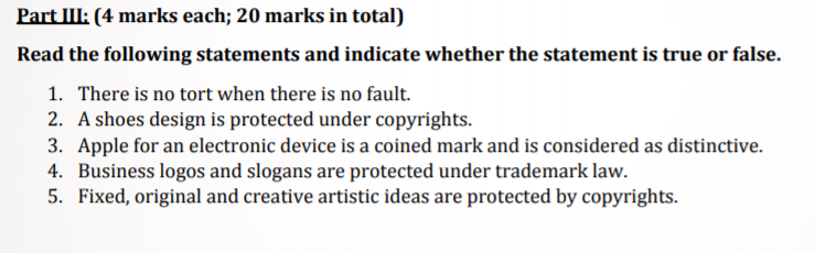 please quick answer Part II: (4 marks each; 20