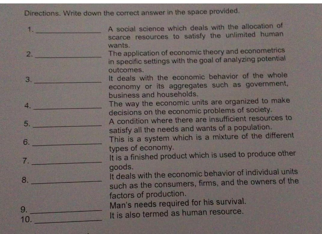 Directions. Write down the correct answer in the