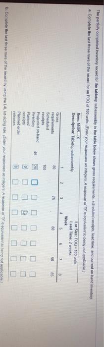 The partially completed inventory record for the