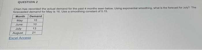 QUESTION 2 Chen has recorded the actual demand