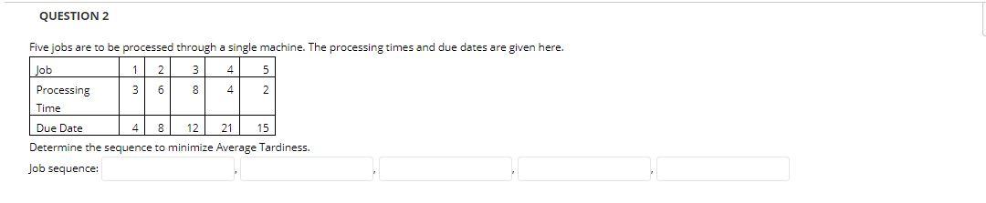 QUESTION 2 Five jobs are to be processed through