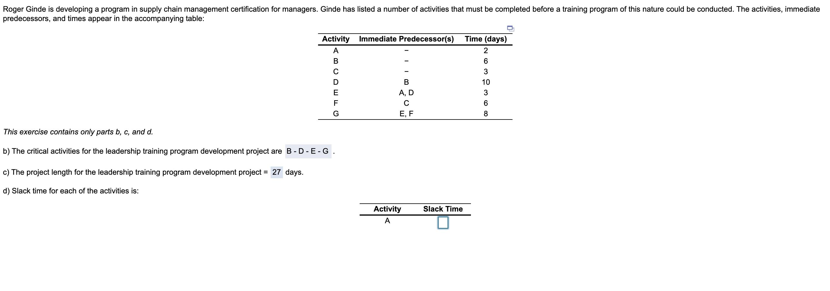 Please compute slack times for A-G Roger Ginde is