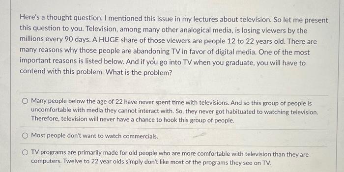 Here's a thought question. I mentioned this issue