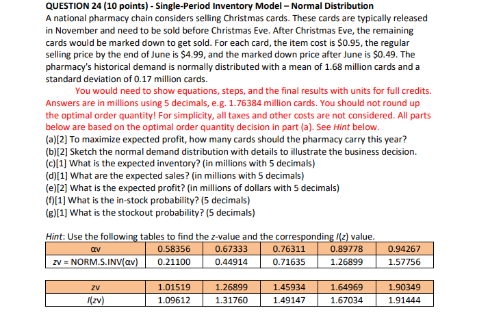QUESTION 24 (10 points) - Single-Period Inventory
