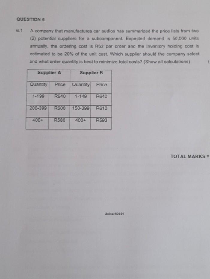QUESTION 6 6.1 A company that manufactures car