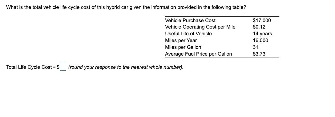 What is the total vehicle life cycle cost of this