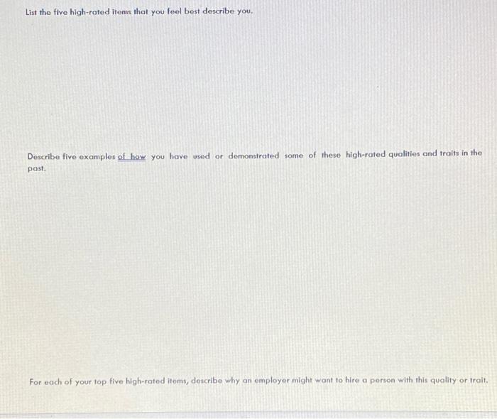 List the five high-rated items that you feel best