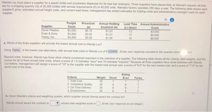 PLEASE ANSWER PART B Wanda Lux must select a
