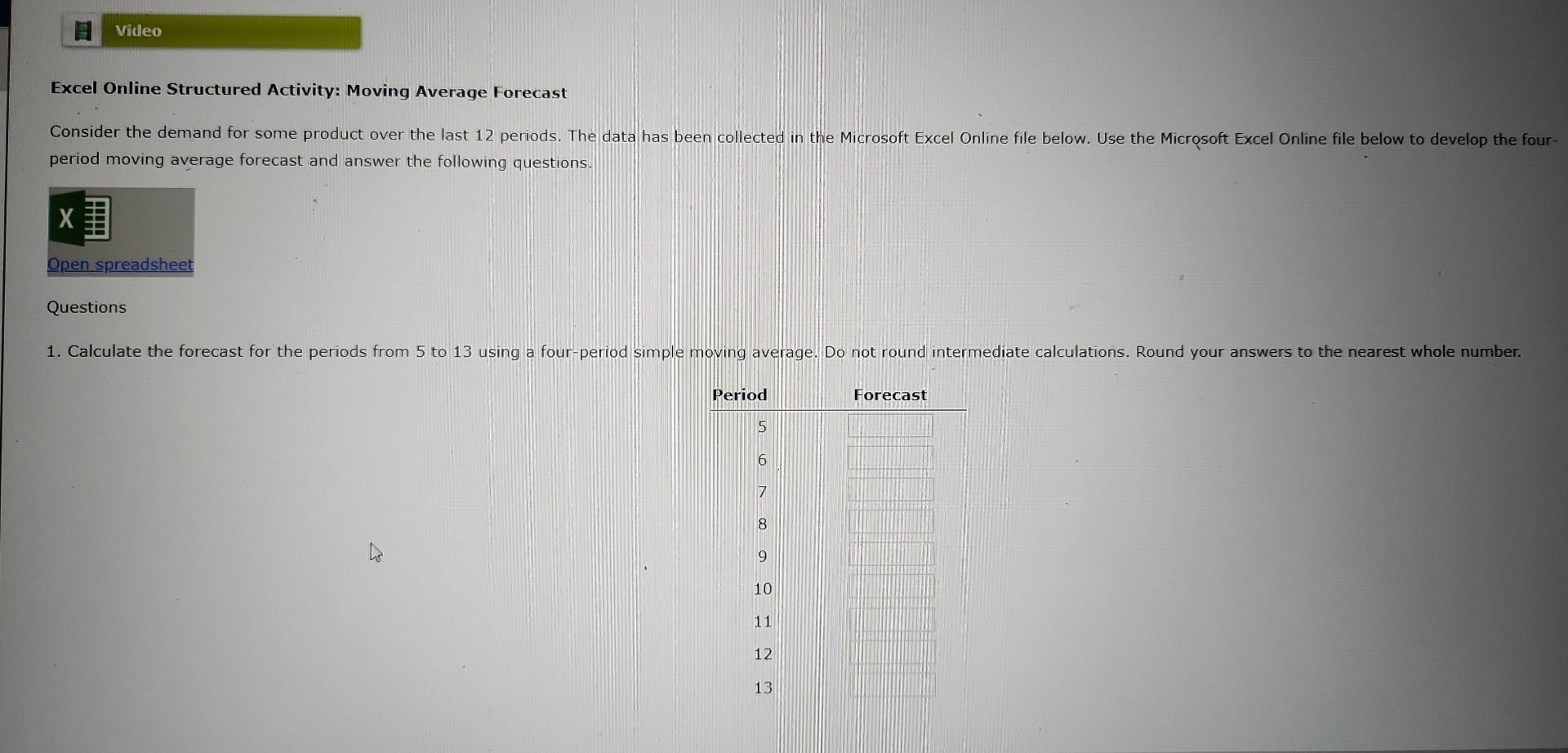 Excel Online Structured Activity: Moving Average