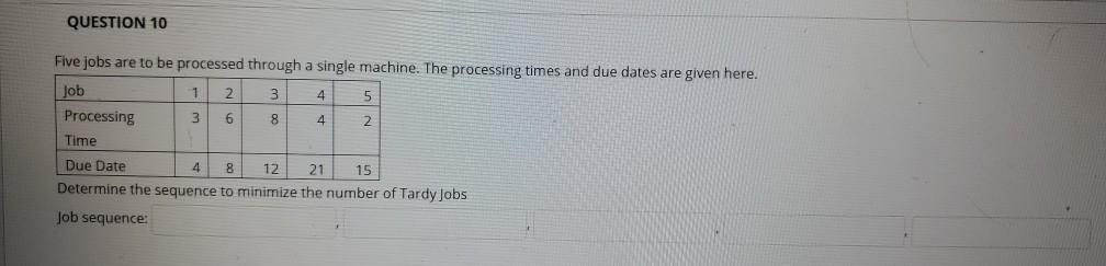 QUESTION 10 Five jobs are to be processed through