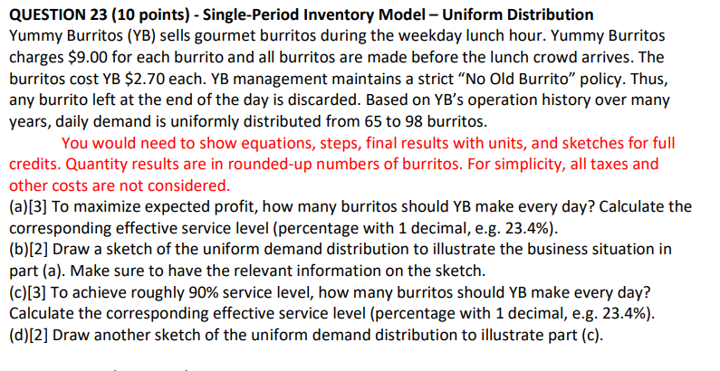 QUESTION 23 (10 points) - Single-Period Inventory