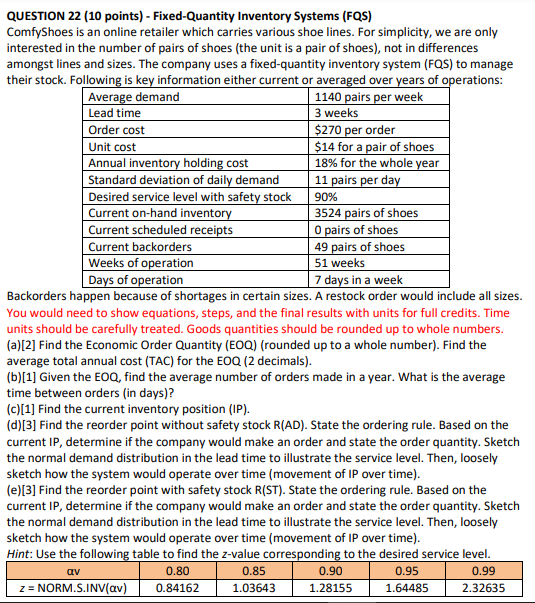 PLEASE SHOW CALCULATIONS QUESTION 22 (10 points)
