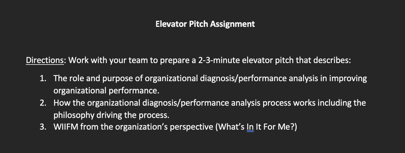 Elevator Pitch Assignment Directions: Work with