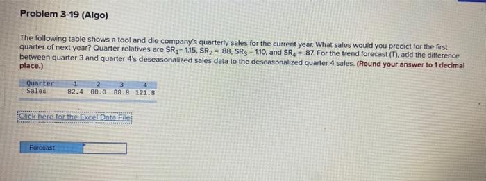 plz help me solve for the forecast . Problem 3-19