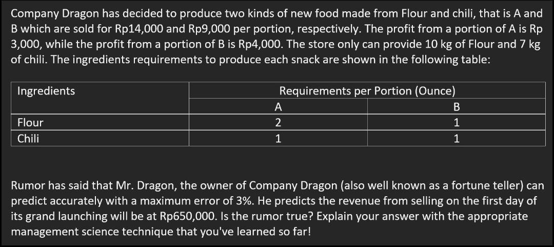 Use: 1. graphic method 2. simplex method Company