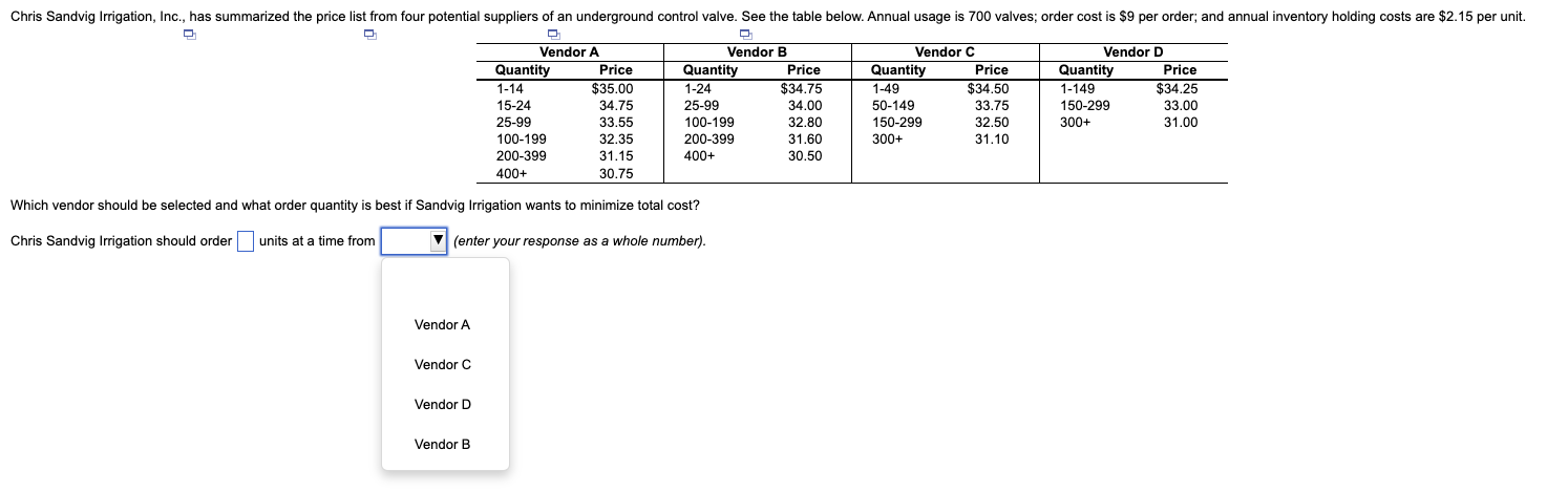 Which vendor should be selected and what order