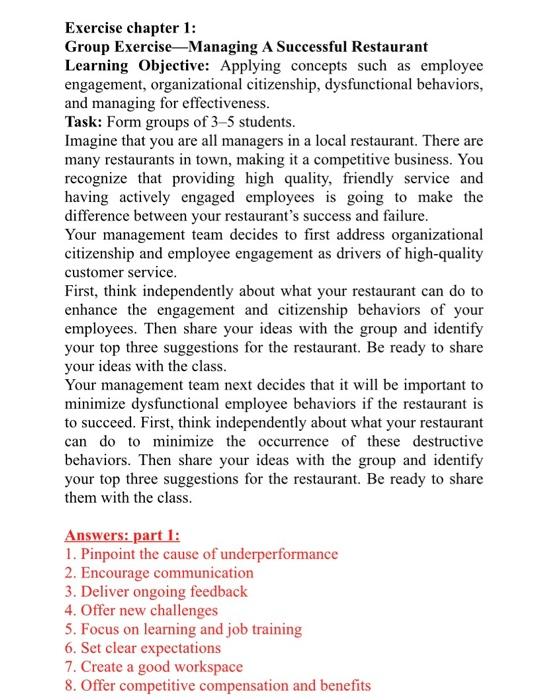 please answer part 1 Exercise chapter 1: Group