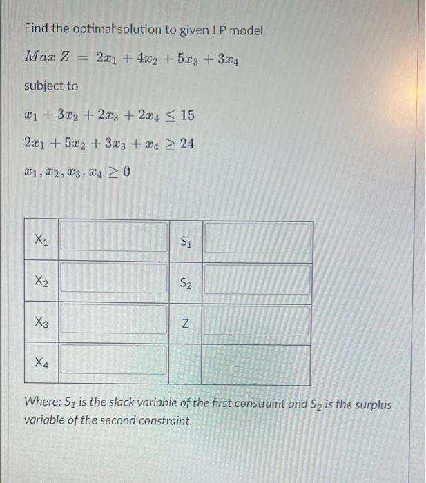 Find the optimal solution to given LP model