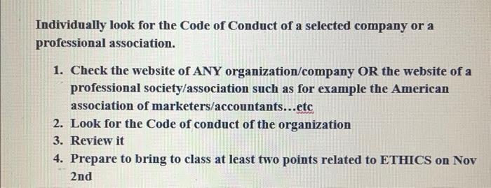 Individually look for the Code of Conduct of a
