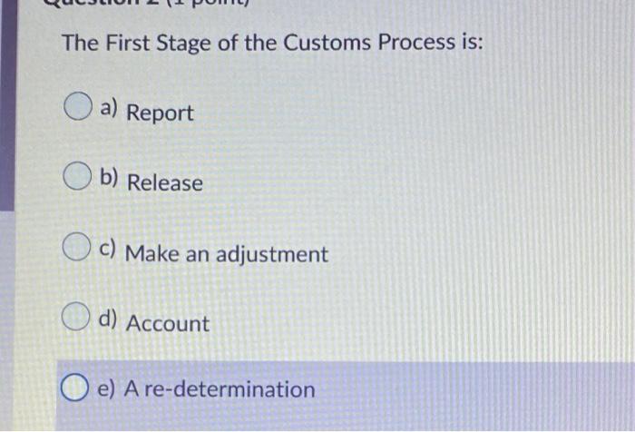 The First Stage of the Customs Process is: a)