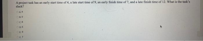 A project task has an early start time of 4 , a