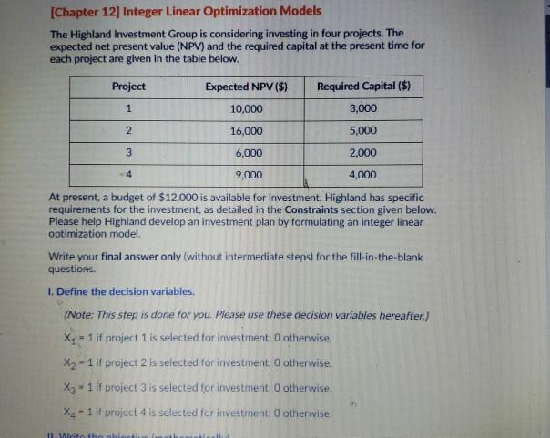 [Chapter 12] Integer Linear Optimization Models