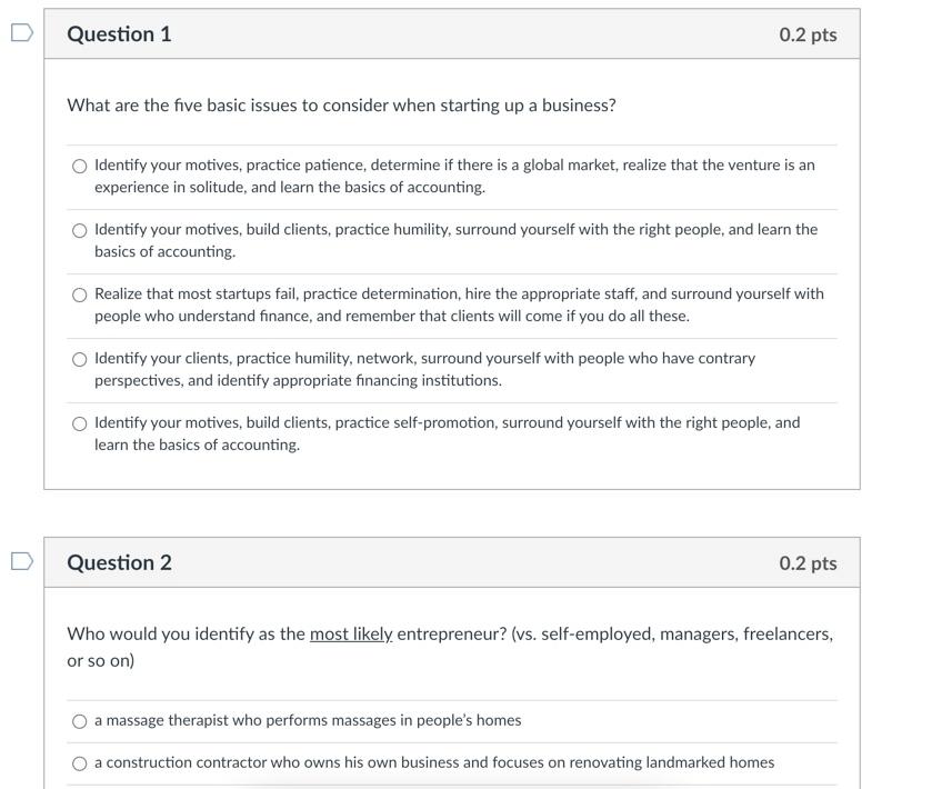 Question 1 0.2 pts What are the five basic issues