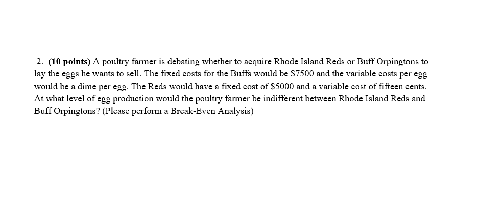 2. (10 points) A poultry farmer is debating