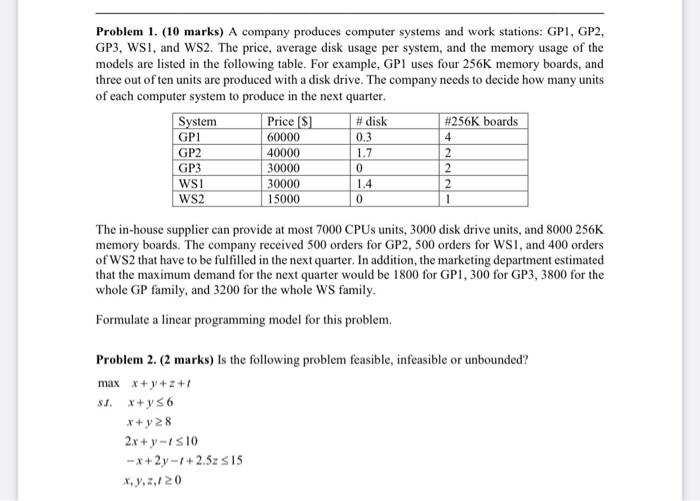 oper intro management science Problem 1. (10