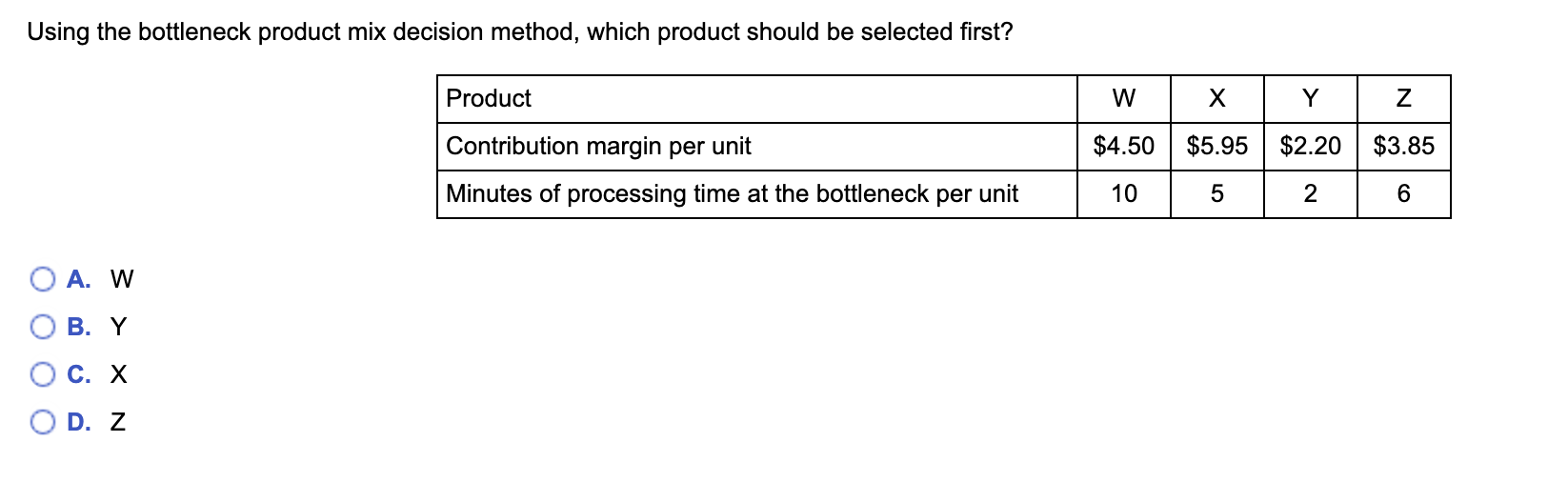 Using the bottleneck product mix decision method,