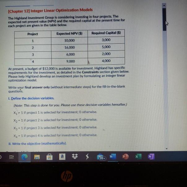 (Chapter 12] Integer Linear Optimization Models