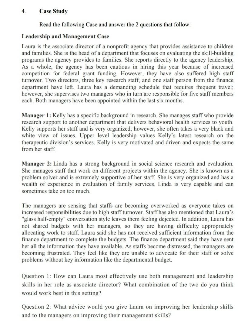 HRM LEADERSHIP CASE SOLUTION PLEASE 4. Case Study