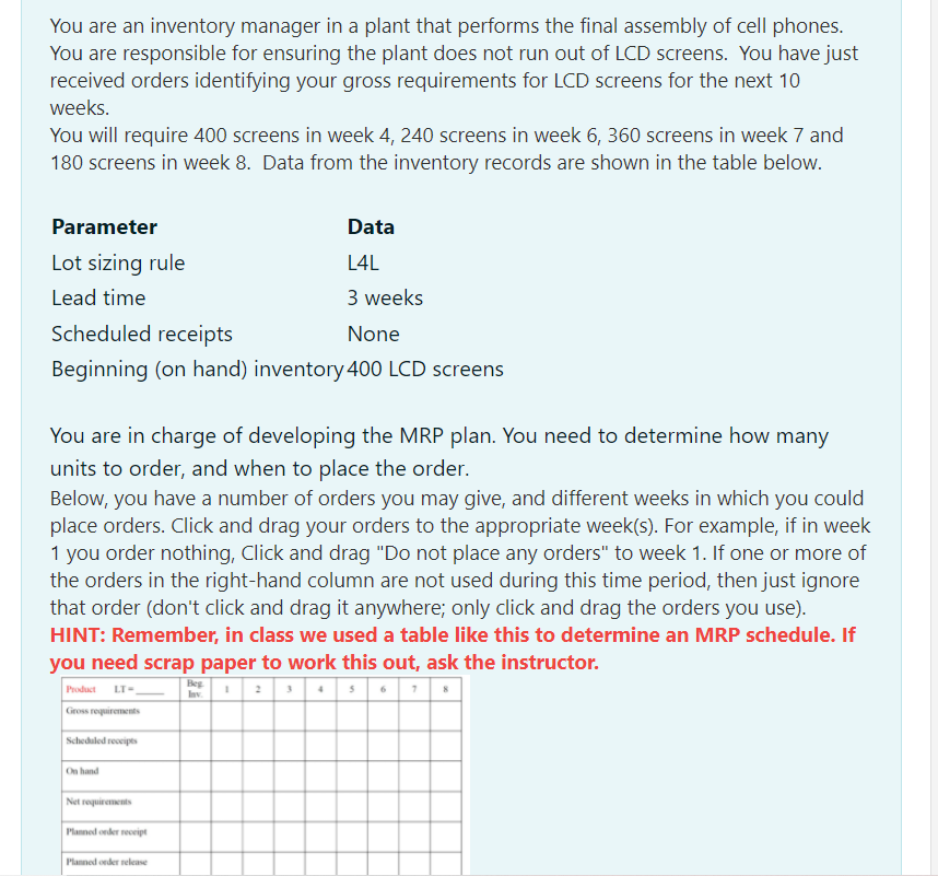 You are an inventory manager in a plant that