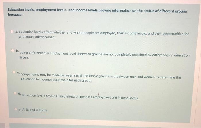 Education levels, employment levels, and income