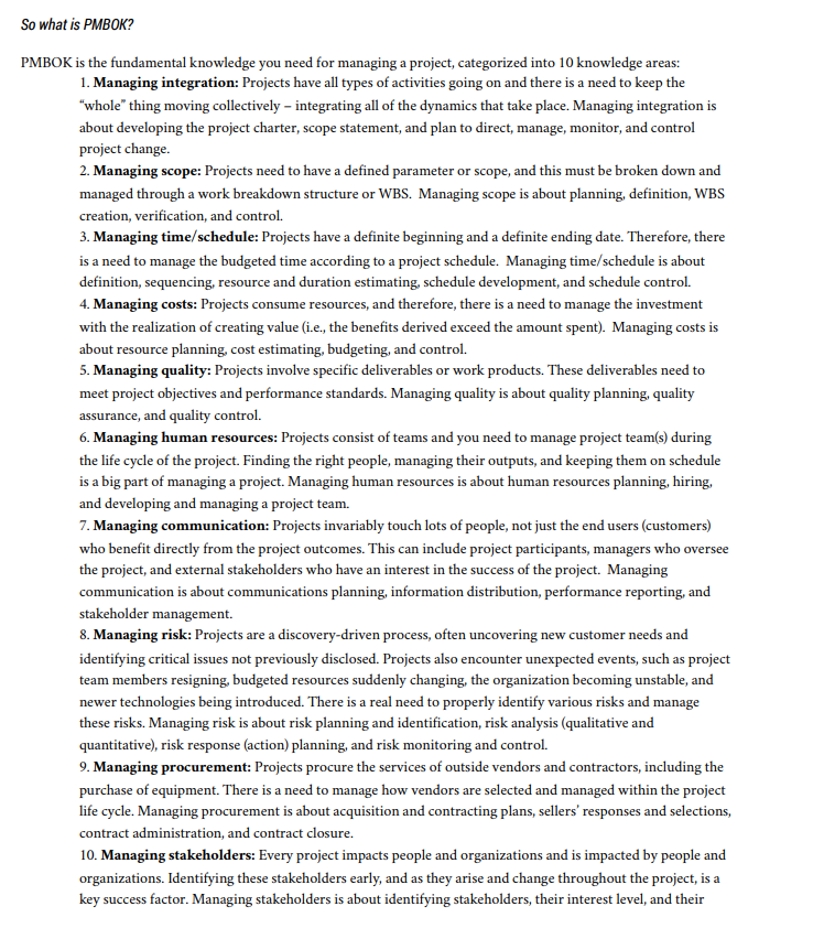 The 10 knowledge areas are listed that are