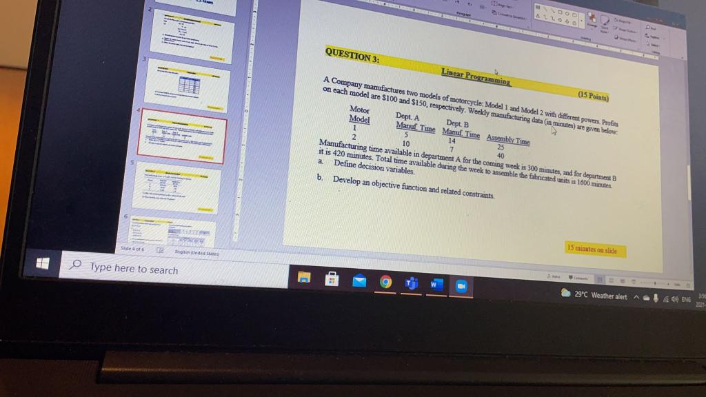 DOO AL Linear Preramming QUESTION 3: 05 Points) A