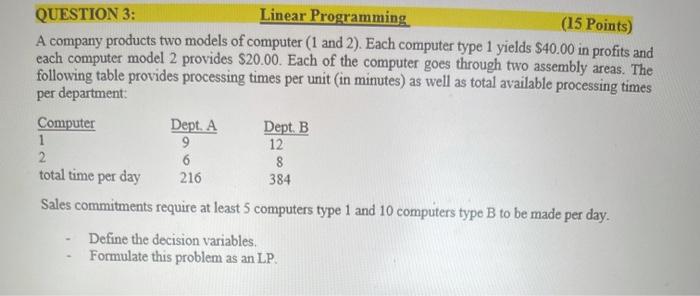 QUESTION 3: Linear Programming (15 Points) A