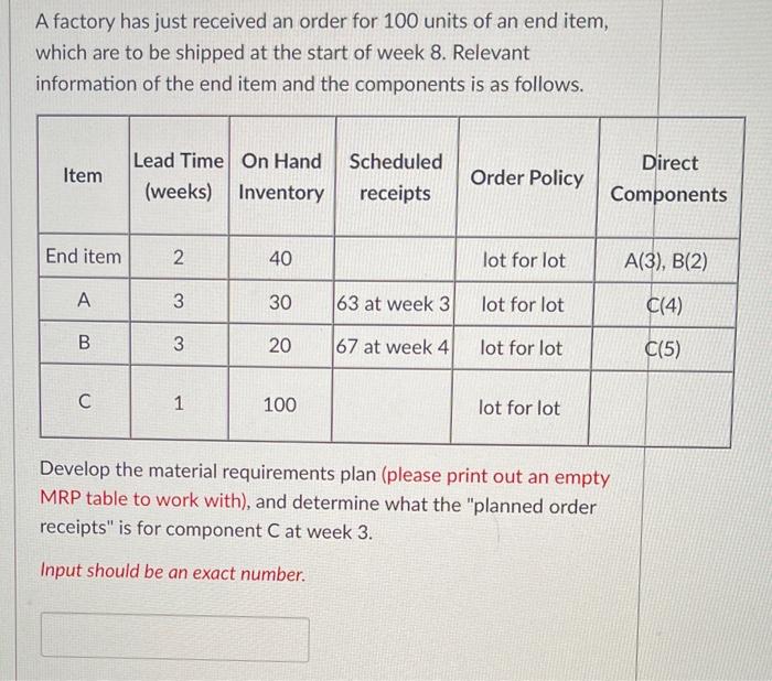 3 A factory has just received an order for 100