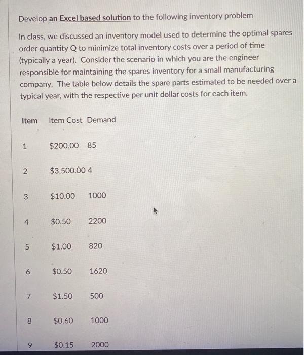 Develop an Excel based solution to the following