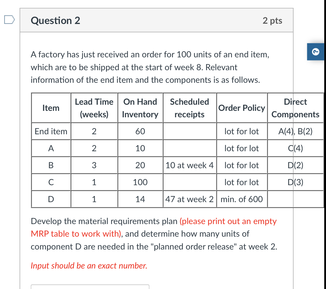 A factory has just received an order for 100