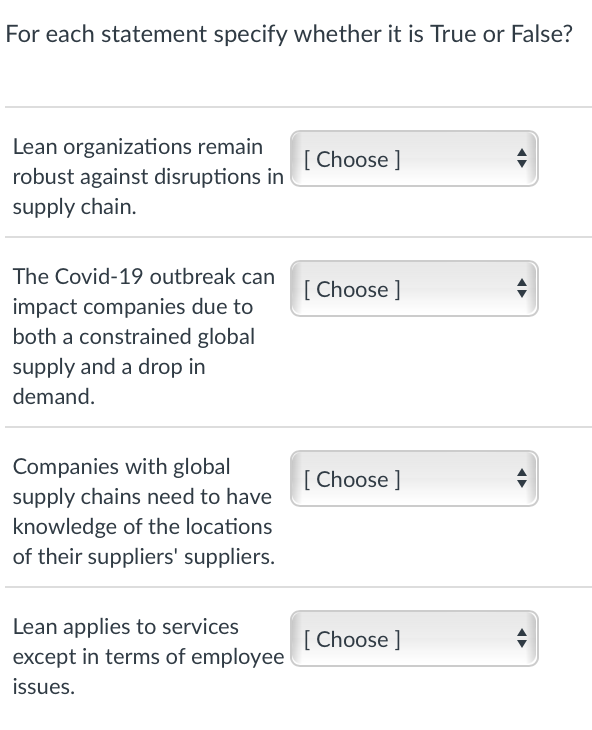 For each statement specify whether it is True or